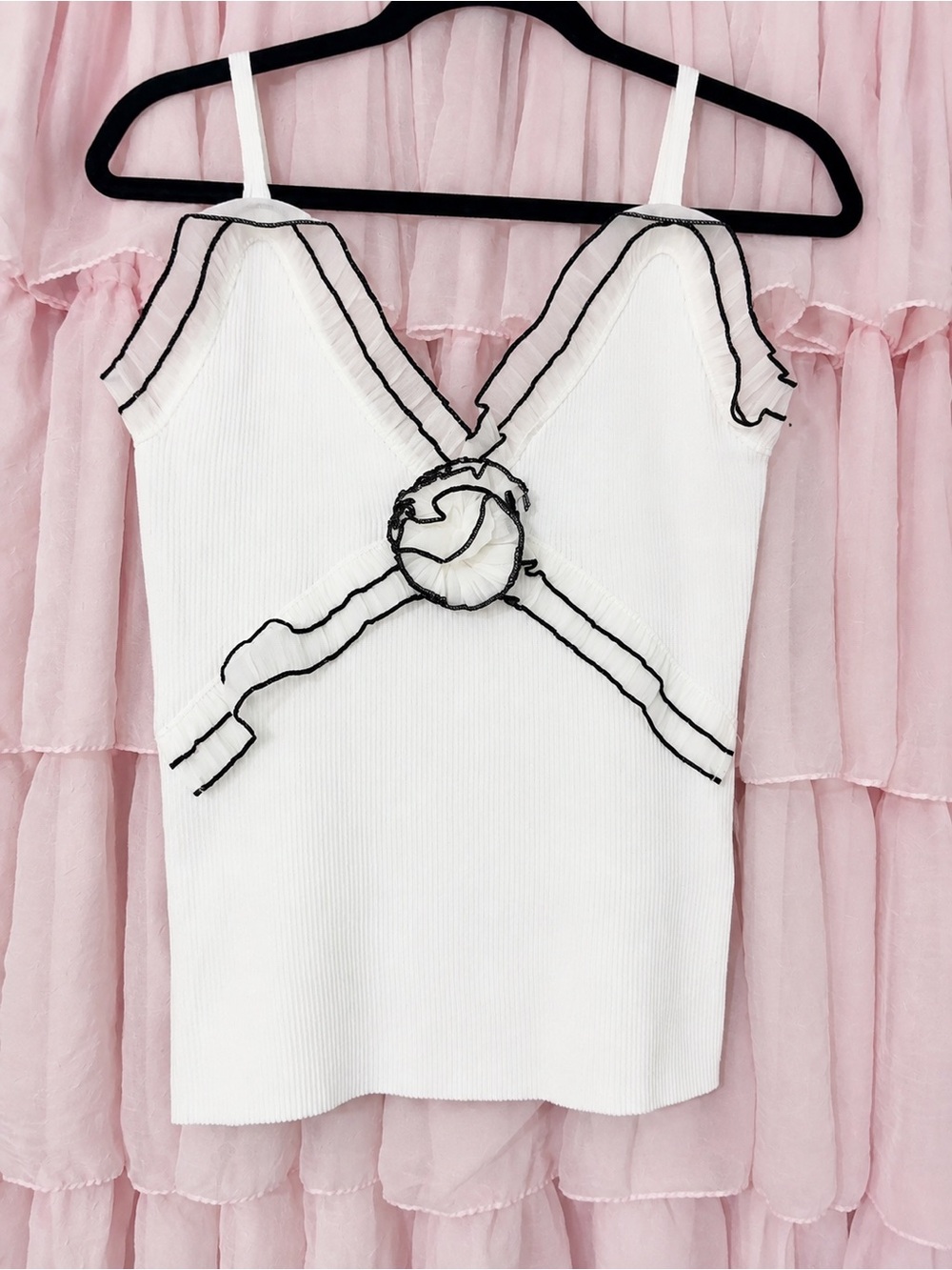 easel White Cami Tank with Black Contrast Trim and Rosette